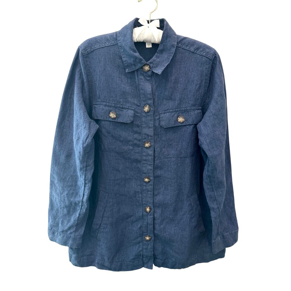 J.JILL 100% Linen Shacket Dark Blue Button Front Utility Shirt Casual Small